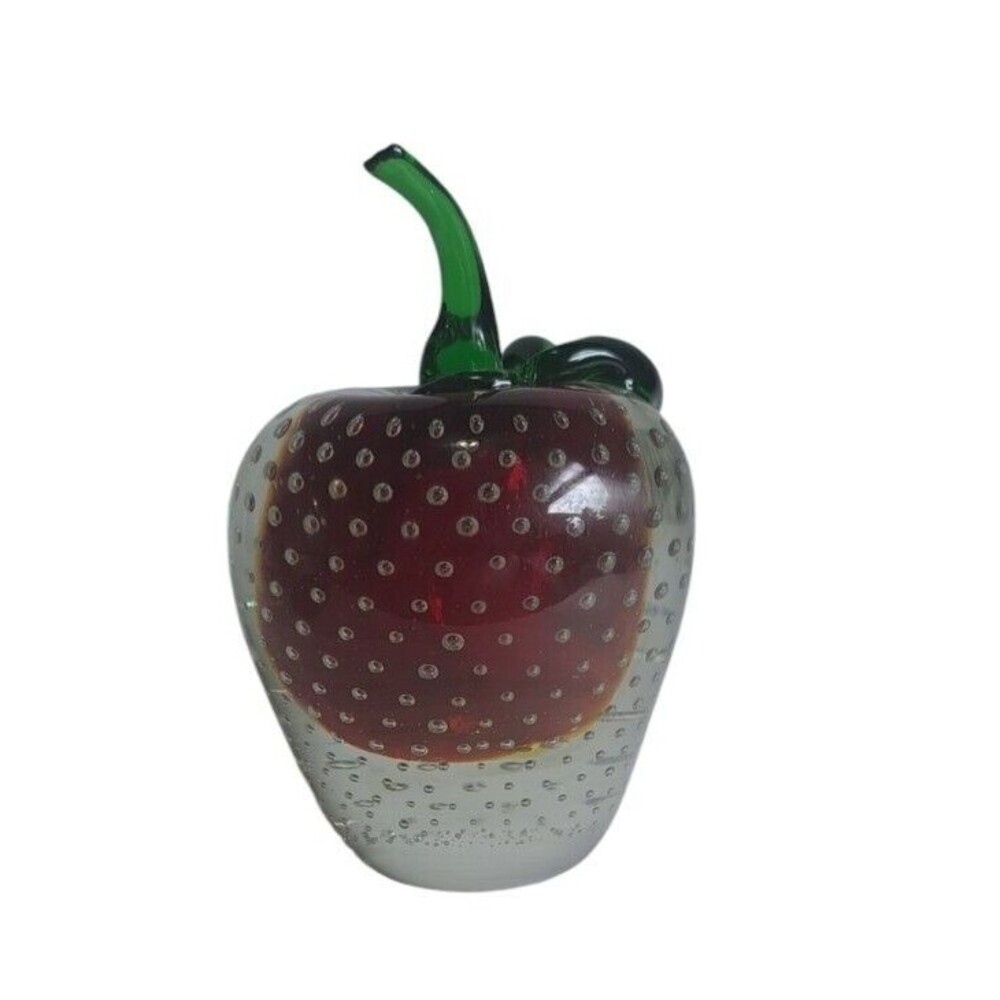 Murano Style Art Glass Apple Controlled Bubbles Applied Leaf and Stem Red Clear